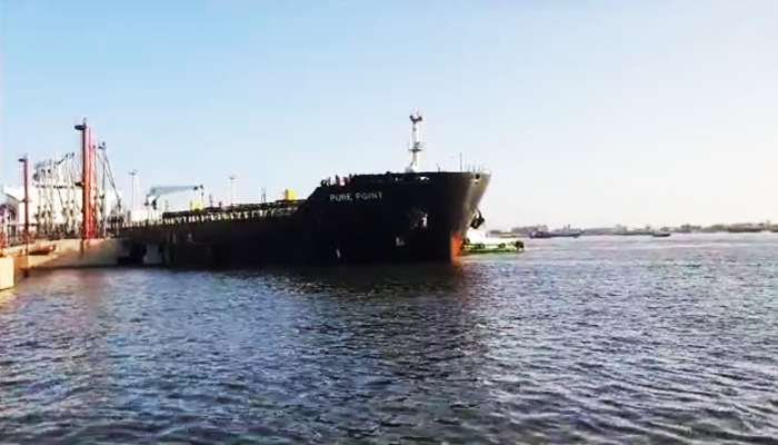 Pure Point, the vessel in which Russian oil reached Pakistan, can be seen anchored at a dock in Karachi, on July 12, 2023, in this still taken from a video. — Twitter/Roohan_Ahmed