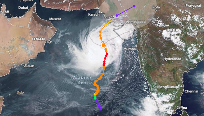 Satellite image of cyclone Biparjoy moving towards Pakistans coastline. — Zoom Earth