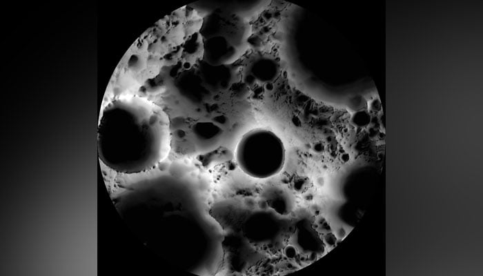In this multi-temporal illumination map of the lunar south pole, the Shackleton crater (19km diameter) is in the centre, the south pole is located approximately at 9 oclock on its rim. — Nasa/File
