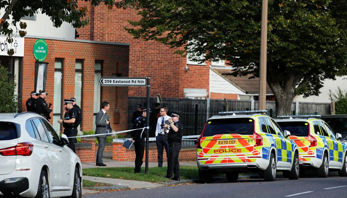 Police are seen at the scene where MP David Amess was stabbed during constituency surgery, in Leigh-on-Sea, Britain October 15, 2021. —