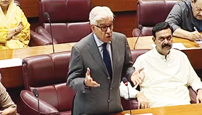 In this still taken from a video, Defence Minister Khawaja Asif addresses the National Assembly on June 14, 2023. — Twitter@NAofPakistan