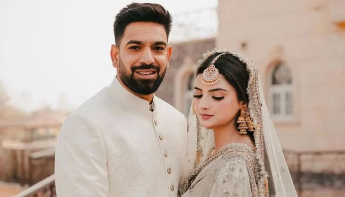 Pakistani pacer Haris Rauf and wife Muzna Masood in this still from their nikah. — Instagram