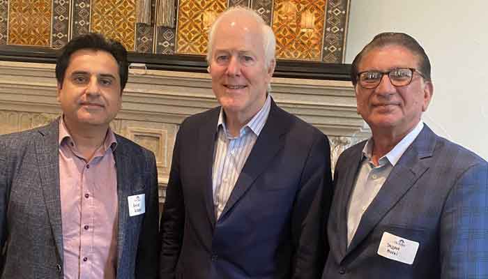 PTI leaders in the US Sajjad Burki and Atif Khan with Senator John Cornyn of Texas. — Sajjad Burki Twitter/File