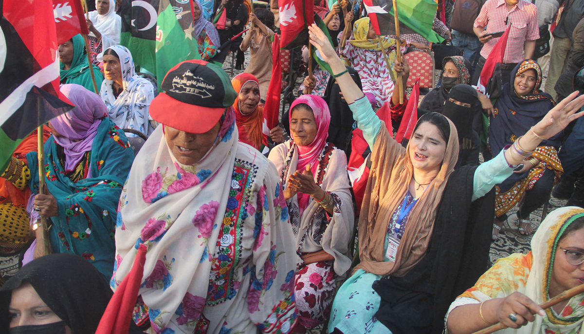 A large number of the people are participating in the public gathering of the Pakistan Peoples Party (PPP) at I.I Chundrigar Road in Karachi on June 13, 2023. — Online