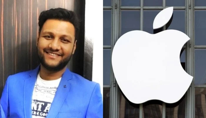 Former Apple employee Khalid Parvez and the Apple logo on one of its stores. — LinkedIn/Khalid Parvez/AFP/File