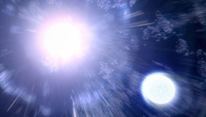 The artists illustration shows supernova 2013ge, with its companion star at the lower right. The companion star is impacted by the blast wave from the supernova, but not destroyed. — Nasa/File