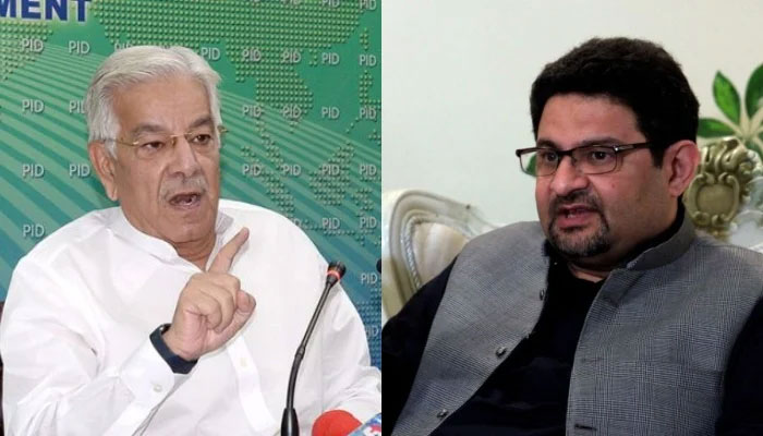 Defence Minister Khawaja Asif (left) and former finance minister Miftah Ismail. — APP/Reuters/File