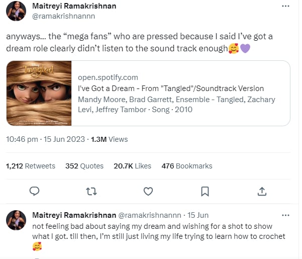 Maitreyi Ramakrishan claps back at racist trolls after facing backlash over Rapunzel comment