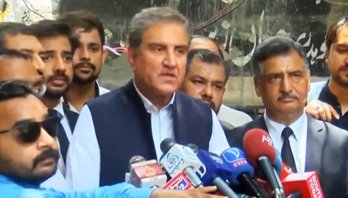 PTI Vice Chairman Shah Mehmood Qureshi speaks to the media in Multan on June 17, 2023, in this still taken from a video. — YouTube/Geo News Live