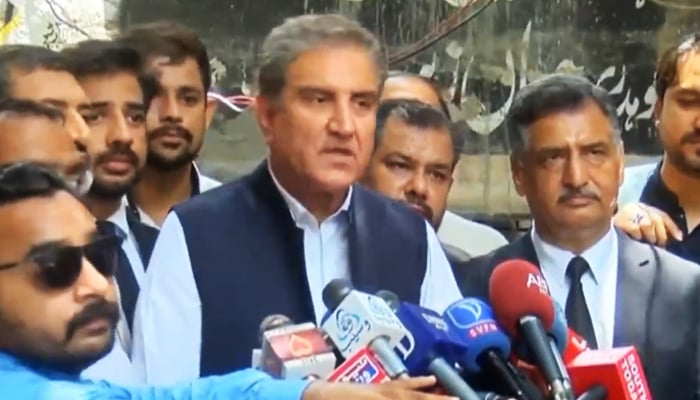 PTI Vice Chairman Shah Mehmood Qureshi speaks to the media in Multan on June 17, 2023, in this still taken from a video. — YouTube/Geo News Live