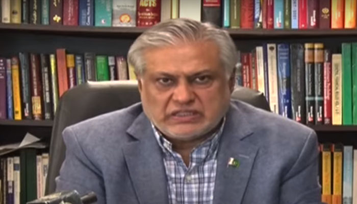 Finance Minister Ishaq Dar speaking during a press conference on Saturday, June 17, 2023, in this still taken from a video. — YouTube/Geo News