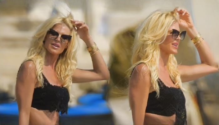 Millionaire Victoria Silvstedt puts flats abs on display as she leaves luxury hotel