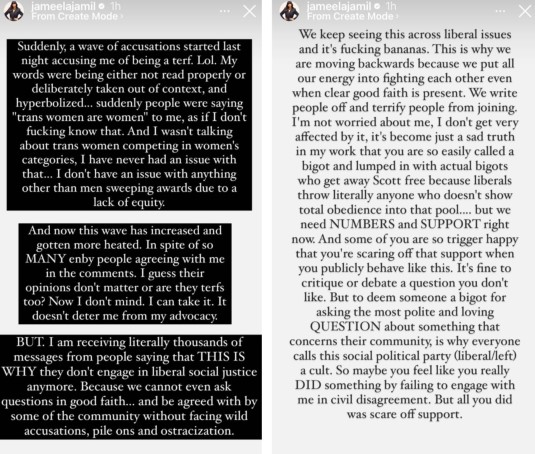 Jameela Jamil branded a “terf” for comments on gender-neutral award categories