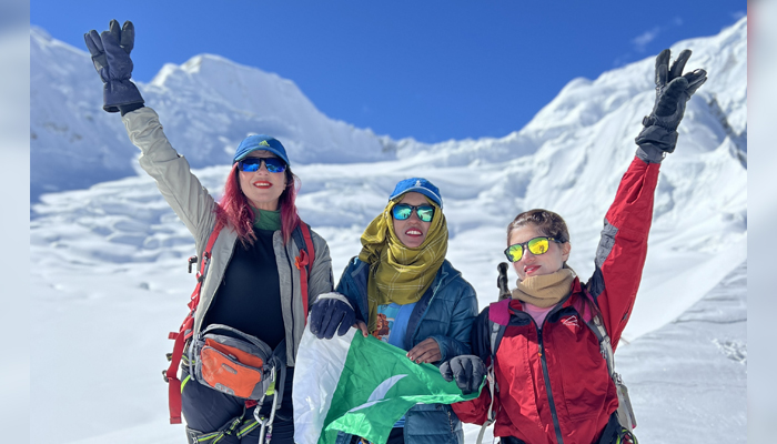 Team with the Pakistani flag after reaching Haramosh La — photo by author