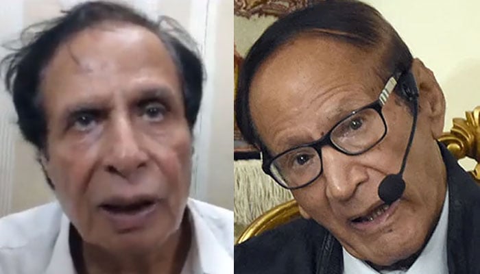 Pakistan Muslim League-Quaid President Chaudhry Shujaat Hussain (R) and Pakistan Tehreek-e-Insaf incarcerated President Chaudhry Parvez Elahi (L). — Online/Twitter/@Rizwaan1995/File.