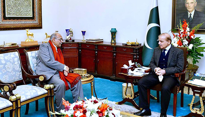 PCB Management Committee Chairman Najam Sethi calls on Prime Minister Shehbaz Sharif in Islamabad, on January 31, 2023. — APP