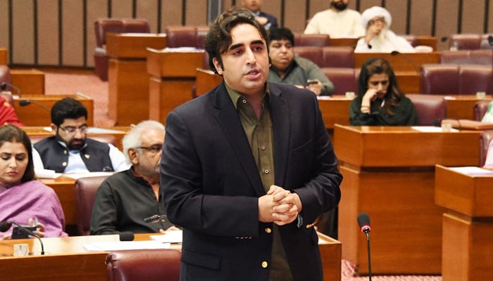 Foreign Minister Bilawal Bhutto-Zardari addressing the National Assembly in Islamabad on April 26, 2023. — Twitter/@NAofPakistan