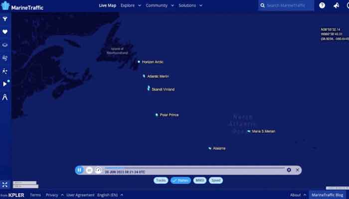 A tracker shows ships in North Atlantic searching for a submersible vessel missing on a trip to explore the wreckage of the Titanic, in this screen grab obtained from a social media video posted June 20, 2023. —Reuters