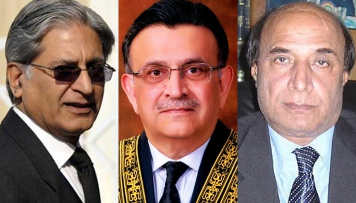 (L to R) Chaudhry Aitzaz Ahsan, Chief Justice Umar Ata Bandial, and former Punjab governor Latif Khosa (right). — AFP/SC website/Online/File