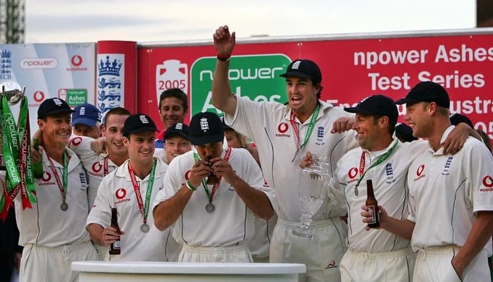England players ecstatic after winning the 2005 Ashes — AFP