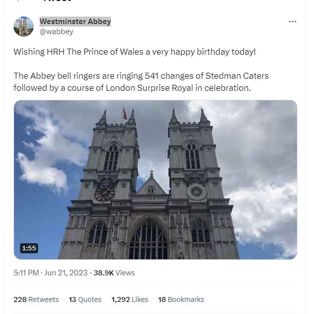 Prince William's 41st birthday Westminster Abbey bells rung in