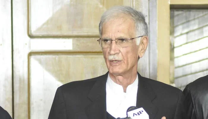 Pervez Khattak addresses a press conference at his residence in Islamabad on February 10, 2021. — Online