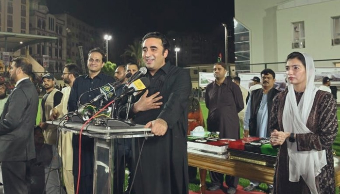 Foreign Minister Bilawal Bhutto-Zardari addresses a ceremony at Lyari’s Kakri Ground. —Twitter/@MediaCellPPP