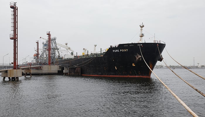 Russian oil cargo Pure Point, carrying crude oil, is seen anchored at the port in Karachi, June 13, 2023. — Reuters