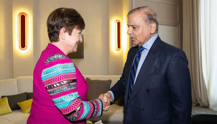 Prime Minister Shehbaz Sharif with International Monetary Fund Managing Director Kristalina Georgieva in Paris. — Twitter/@KGeorgieva