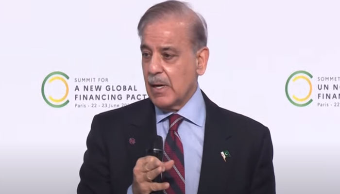 Prime Minister Shehbaz Sharif speaking during the two-day New Global Financing Pact Summit in Paris on June 22, 2023. — YouTube/Reuters