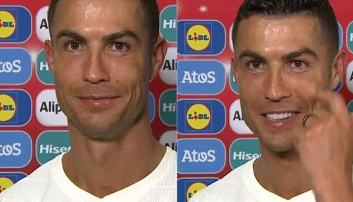 Cristiano Ronaldo shares a light moment with the cameraman.—Twitter/Screengrab