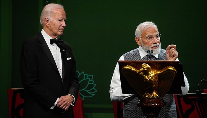 Indias Prime Minister Narendra Modi speaks next to US President Joe Biden during an official state dinner at the White House in Washington, US, June 22, 2023. — Reuters