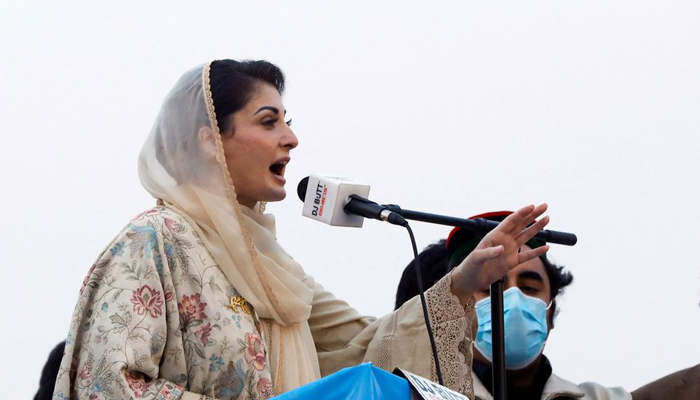 PML-N leader Maryam Nawaz addressing a public gathering in Peshawar in this undated photo. — Reuters/File