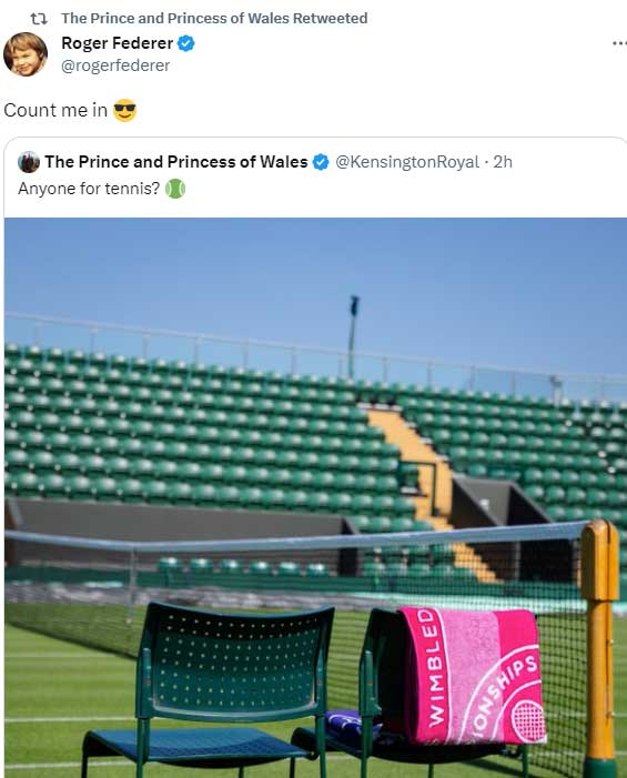 Kate Middleton and Prince Williams tweet elicits reaction from Roger Federer