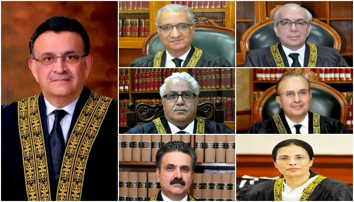(Clockwise) CJP Umar Ata Bandial, Justice Ijazul Ahsan, Justice Muneeb Akhtar, Justice Mazahir Ali Naqvi, Justice Mansoor Ali Shah, Justice Yahya Afridi, and Justice Ayesha Malik. — SC website
