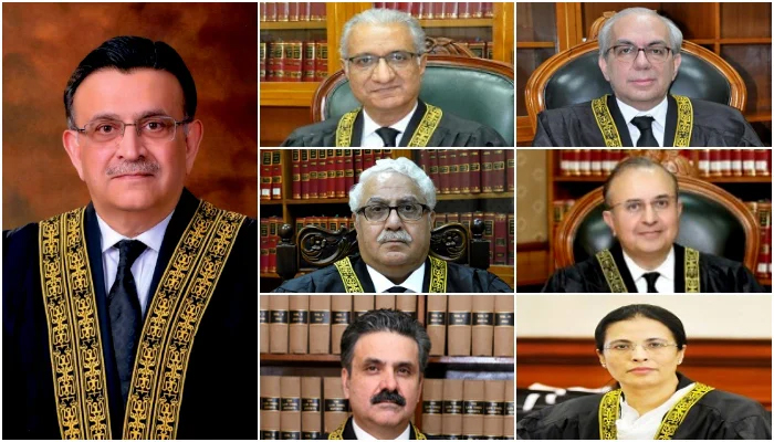 (Clockwise) CJP Umar Ata Bandial,Justice Ijazul Ahsan,Justice Muneeb Akhtar,Justice Mazahir Ali Naqvi,Justice Mansoor Ali Shah,Justice Yahya Afridi, andJustice Ayesha Malik. — SC website