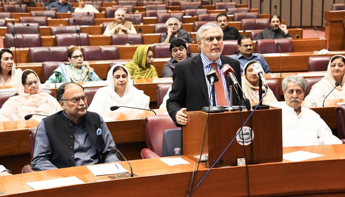 Finance Minister Ishaq Dar speaks on the floor of the National Assembly in Islamabad, on June 24, 2023. — Twitter/FinMinistryPak