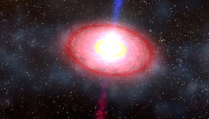 This illustration depicts the turbulent aftermath of a collision of two neutron stars. — Nasa/File