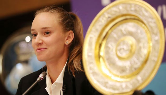 Wimbledon winner Elena Rybakina attends a news conference in Nur-Sultan, Kazakhstan July 12, 2022.  REUTERS/Pavel Mikheyev/File Photo