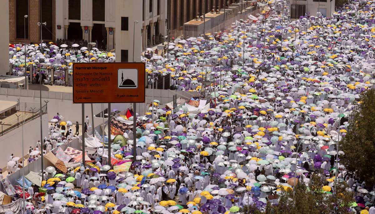 Pilgrims are seem outside Namira Mosque on the plain of Arafat on June 27, 2023. — Reuters