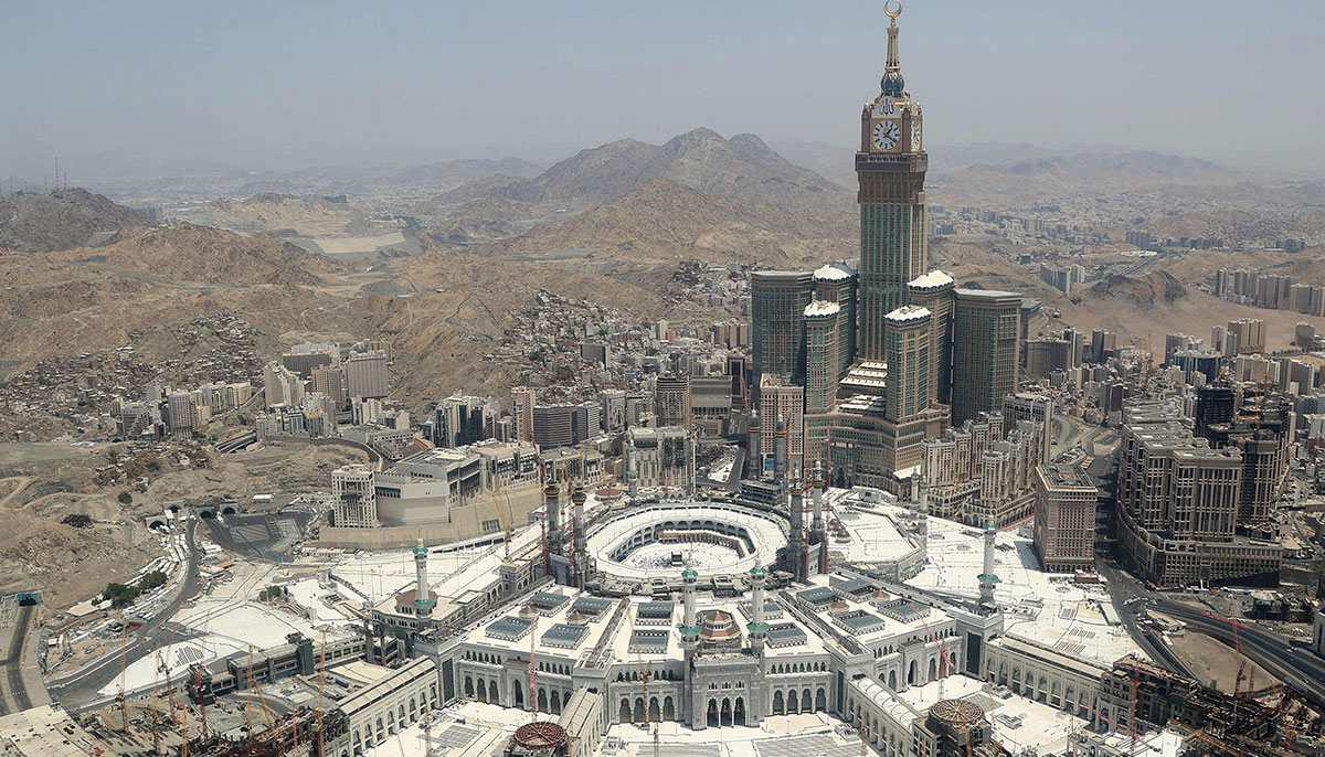 This aerial view shows Makkah´s Grand Mosque and its clock tower with the Kaaba on June 27, 2023 during the annual Hajj pilgrimage. — AFP