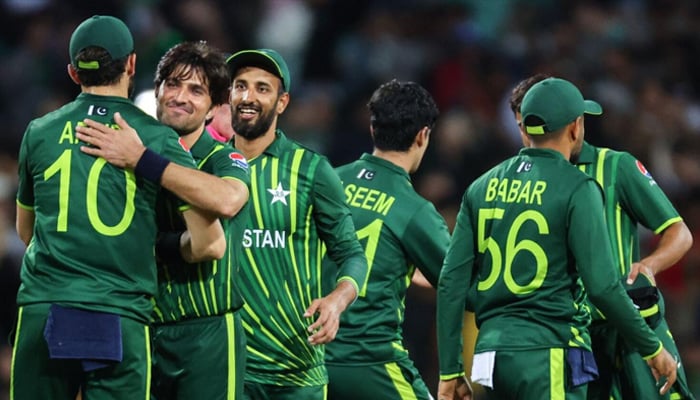 Pakistan squad members celebrate victory in a match during World Cup 2023. — AFP/File