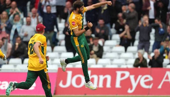 Pakistan pacer Shaheen Shah Afridi celebrating during a match against Warwickshire on June 30, 2023. — Twitter/@SharyOfficial