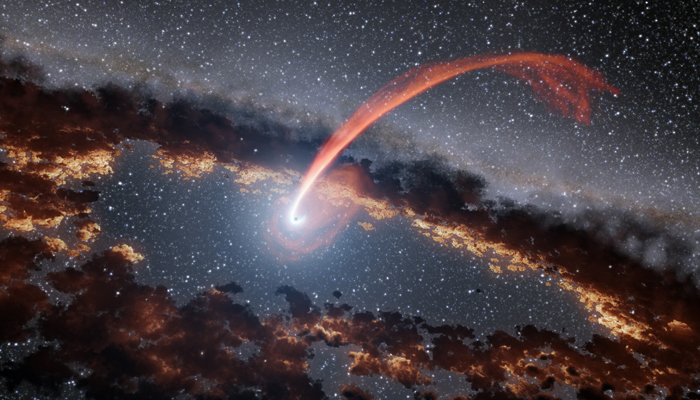 This illustration shows a glowing stream of material from a star as it is being devoured by a supermassive black hole in a tidal disruption flare. — Nasa