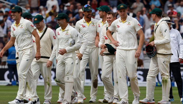 Australia’s players celebrate on the field after they win on day five of the second Ashes cricket Test match between England and Australia at Lord’s cricket ground in London on July 2, 2023. — AFP