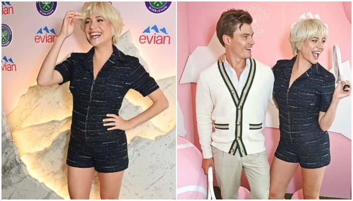 Six weeks pregnant Pixie Lott puts her toned legs on display at the first Wimbledon game