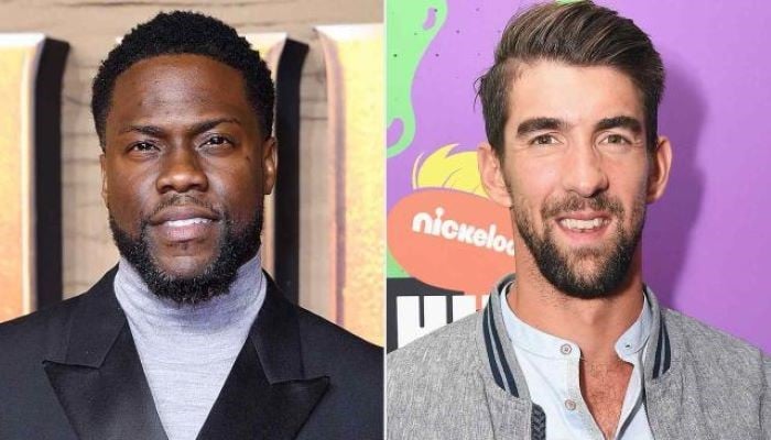 Actor Kevin Hart playfully challenges Olympic gold medalist Michael Phelps to a swimming race