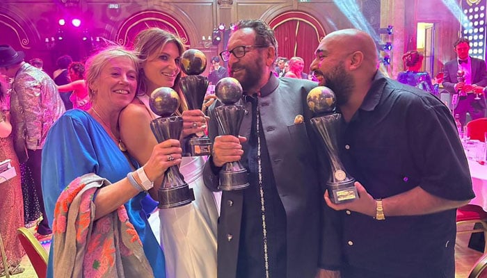 British screenwriter and film producer Jemima Khan (centre left) with director Shekhar Kapur and Asim Chaudhry. — Twitter/@Jemima_Khan