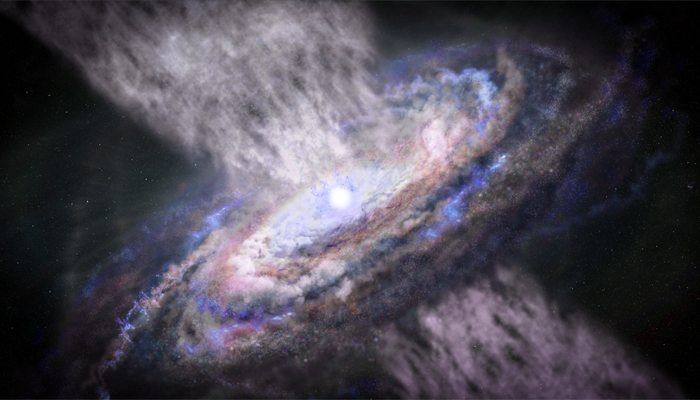 This image shows an accreting supermassive black hole — also called quasars — which astronomers believe the energy from quasars to be the main driver in limiting the growth of massive galaxies. — Nasa