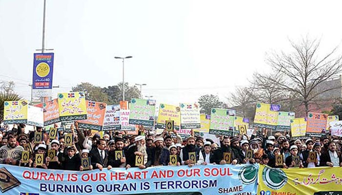 People protest against the burning of the Holy Quran and Islamophobia in Sweden in January 2023. — APP/File